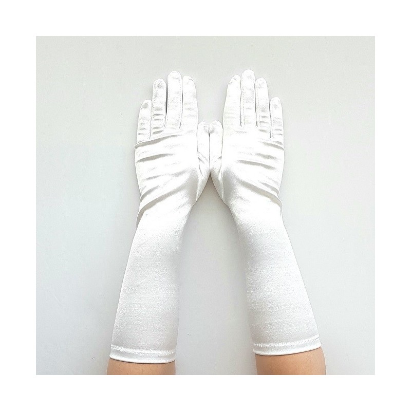 Gant satin blanc taille unique, Longueur en dessus du poignet.