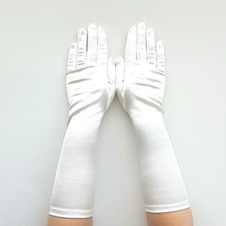 Gant satin blanc taille unique, Longueur en dessus du poignet.