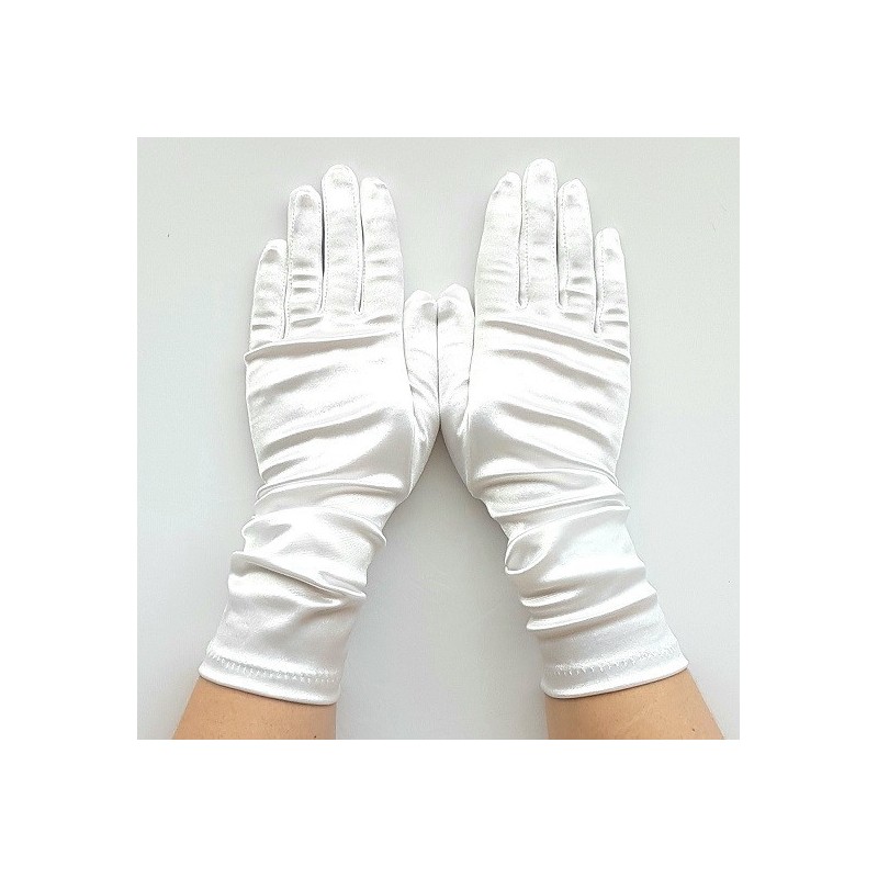 Gant satin blanc taille unique, Longueur en dessus du poignet.