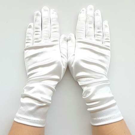 Gant satin blanc taille unique, Longueur en dessus du poignet.