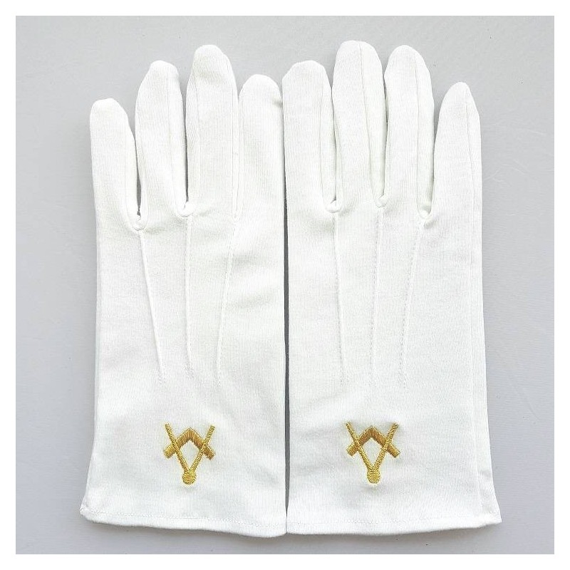 Gant Blanc Coton Franc Maçon broderie équerre et compas femme et homme