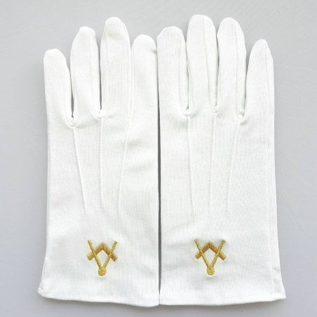 Gant Blanc Coton Franc Maçon broderie équerre et compas femme et homme
