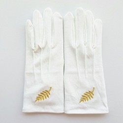 Gant Blanc Coton Franc Maçon broderie feuille Acacia or femme et homme