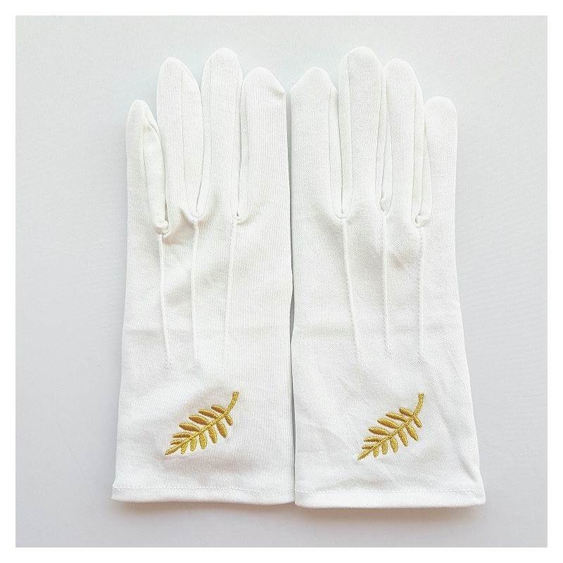 Gant Blanc Coton Franc Maçon broderie feuille Acacia or femme et homme