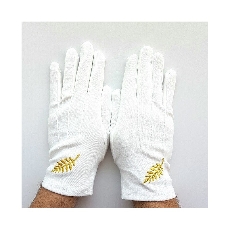 Gant Blanc Coton Franc Maçon broderie feuille Acacia or femme et homme