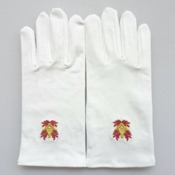 gants blanc coton franc maçon, broderie rouge et or.