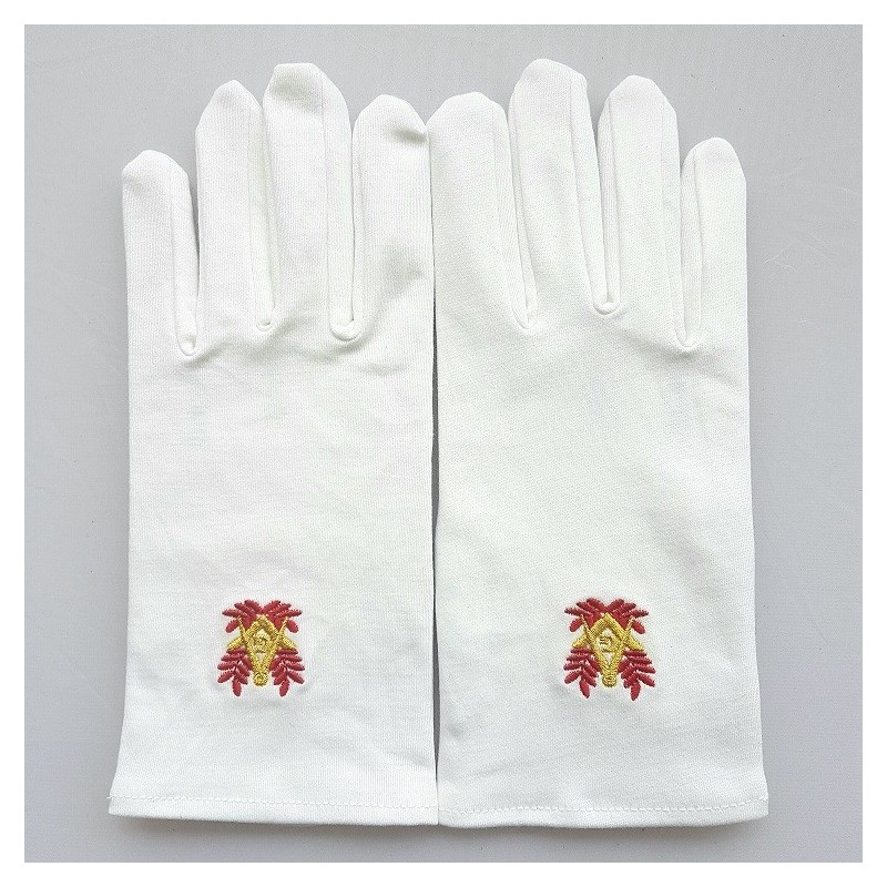 gants blanc coton franc maçon, broderie rouge et or.