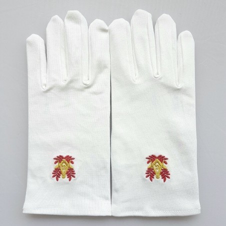 gants blanc coton franc maçon, broderie rouge et or.