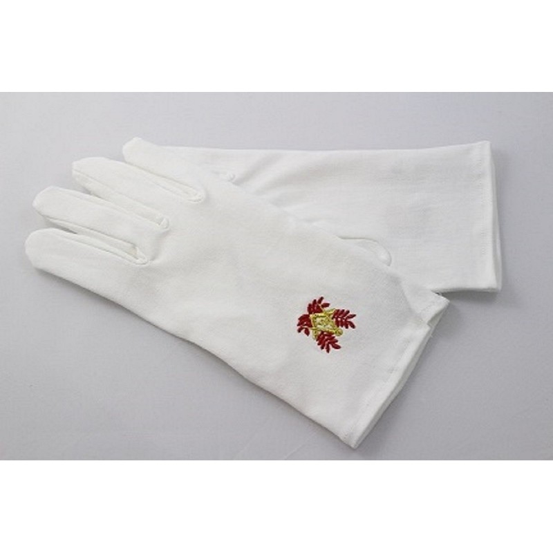 gants blanc coton franc maçon, broderie rouge et or.