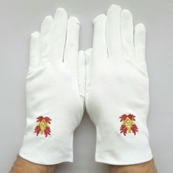 gants blanc coton franc maçon, broderie rouge et or.