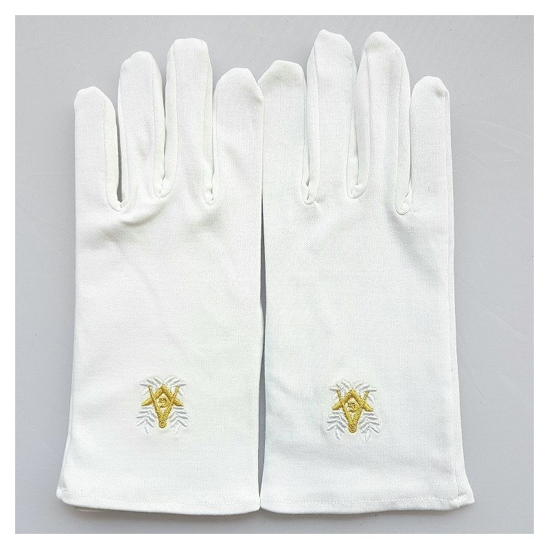 gants blanc coton franc maçon, broderie blanche et or.