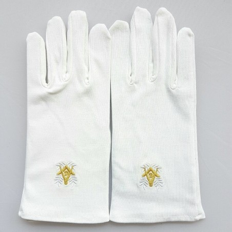 gants blanc coton franc maçon, broderie blanche et or.