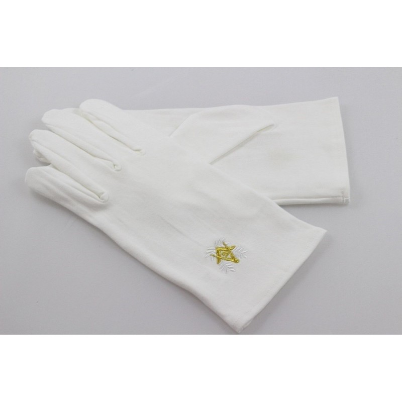 gants blanc coton franc maçon, broderie blanche et or.