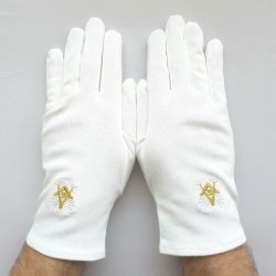 gants blanc coton franc maçon, broderie blanche et or.
