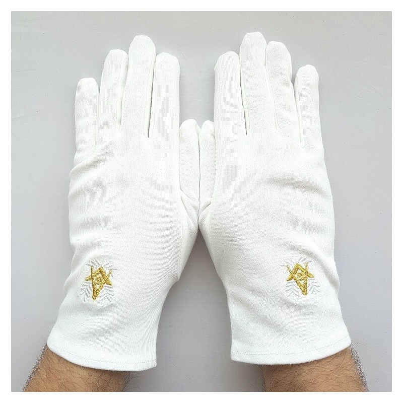 gants blanc coton franc maçon, broderie blanche et or.