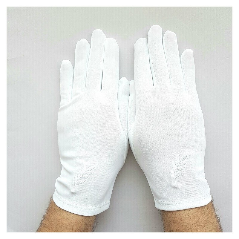 Gant Blanc Nylon franc maçon broderie feuille acacia blanche.