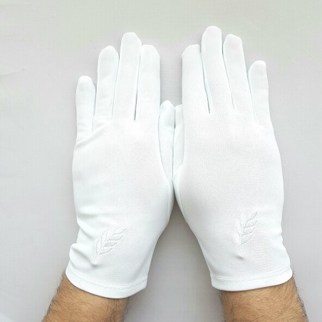 Gant Blanc Nylon franc maçon broderie feuille acacia blanche.