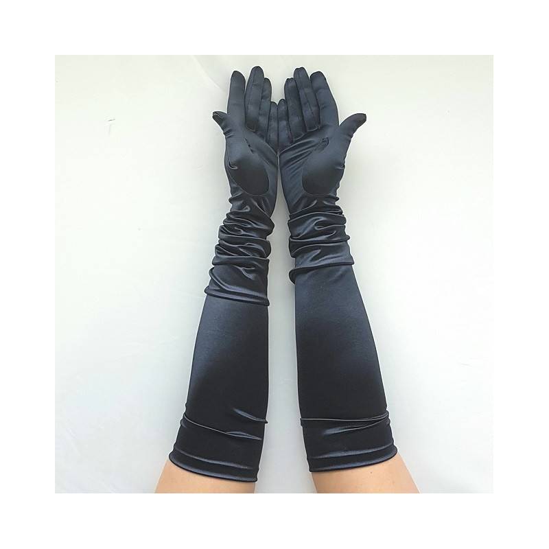 Paire de gants longs satinés noir - 43cm