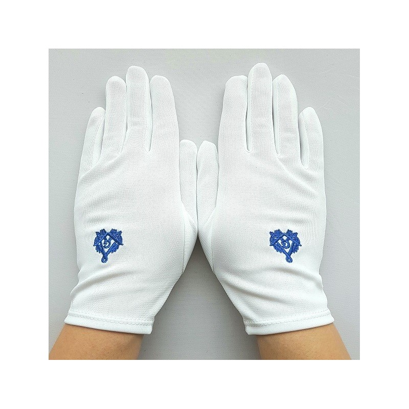 gants blanc nylon franc maçon broderie bleue, taille femme.