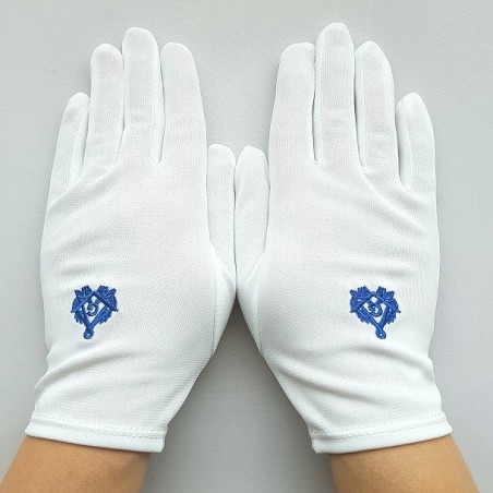 gants blanc nylon franc maçon broderie bleue, taille femme.