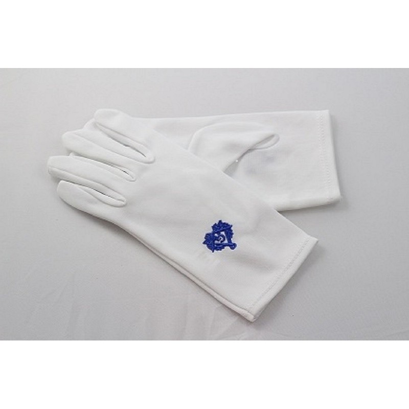 gants blanc nylon franc maçon broderie bleue, taille femme.