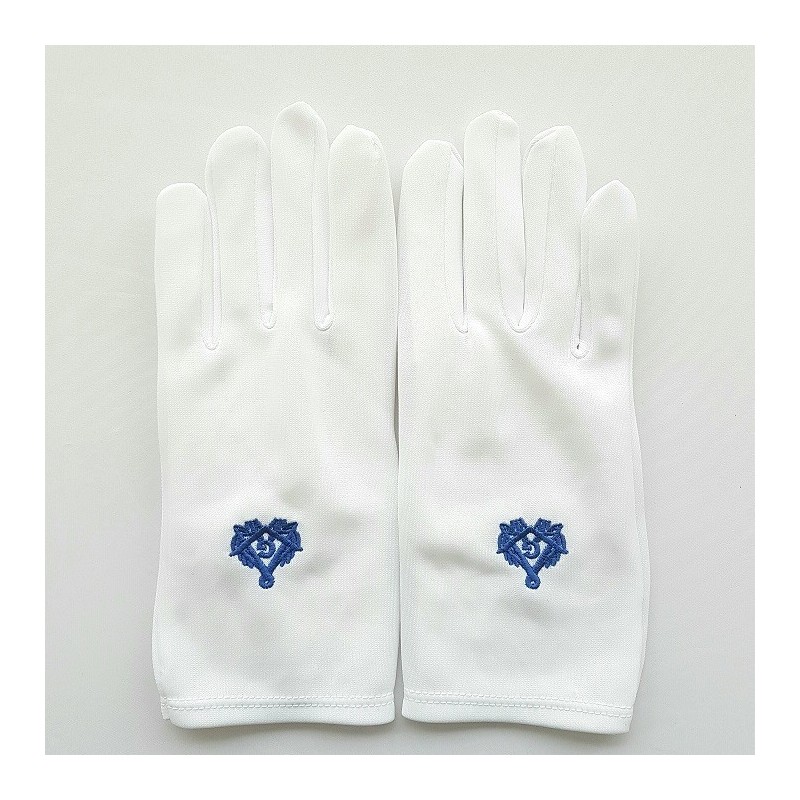 gants blanc nylon franc maçon broderie bleue, taille femme.