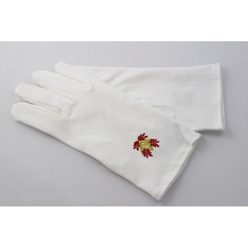 gants blanc nylon franc maçon, broderie rouge et or.