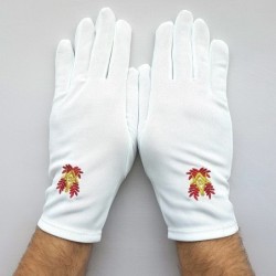 gants blanc nylon franc maçon, broderie rouge et or.