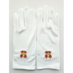 gants blanc nylon franc maçon, broderie rouge et or.