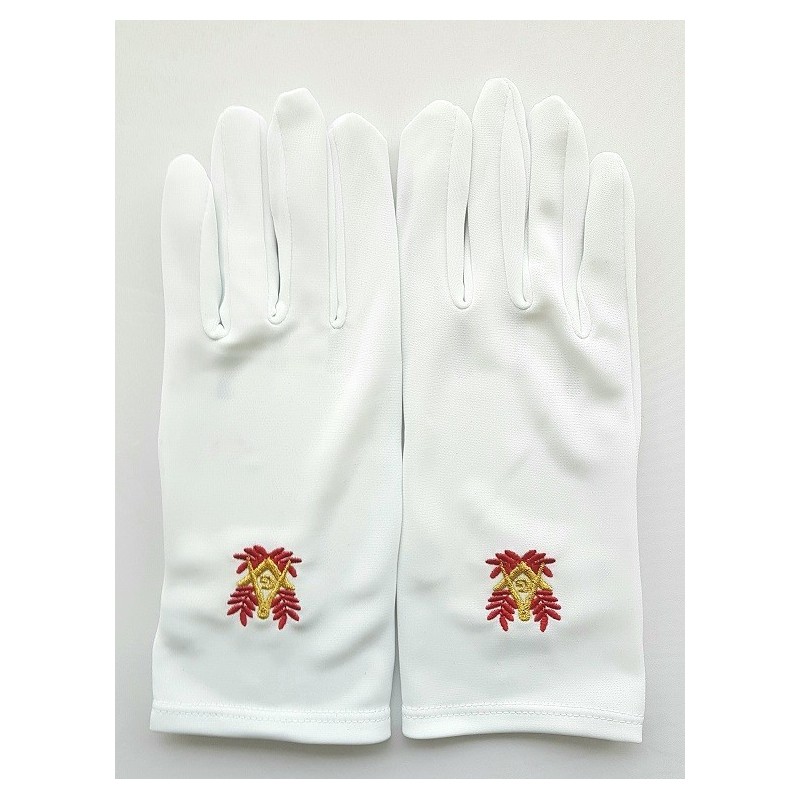 gants blanc nylon franc maçon, broderie rouge et or.